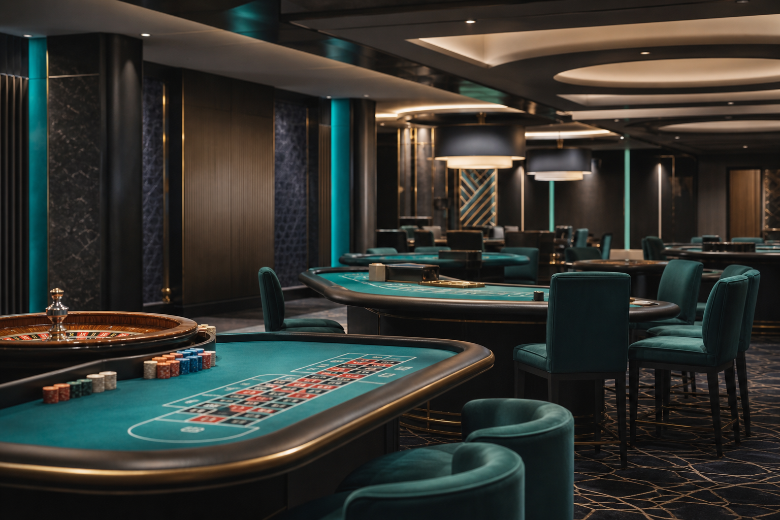Casino table games floor with premium felt tables